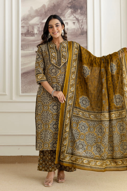 Green Cotton Printed Kurta Set with Palazzos and Dupatta
