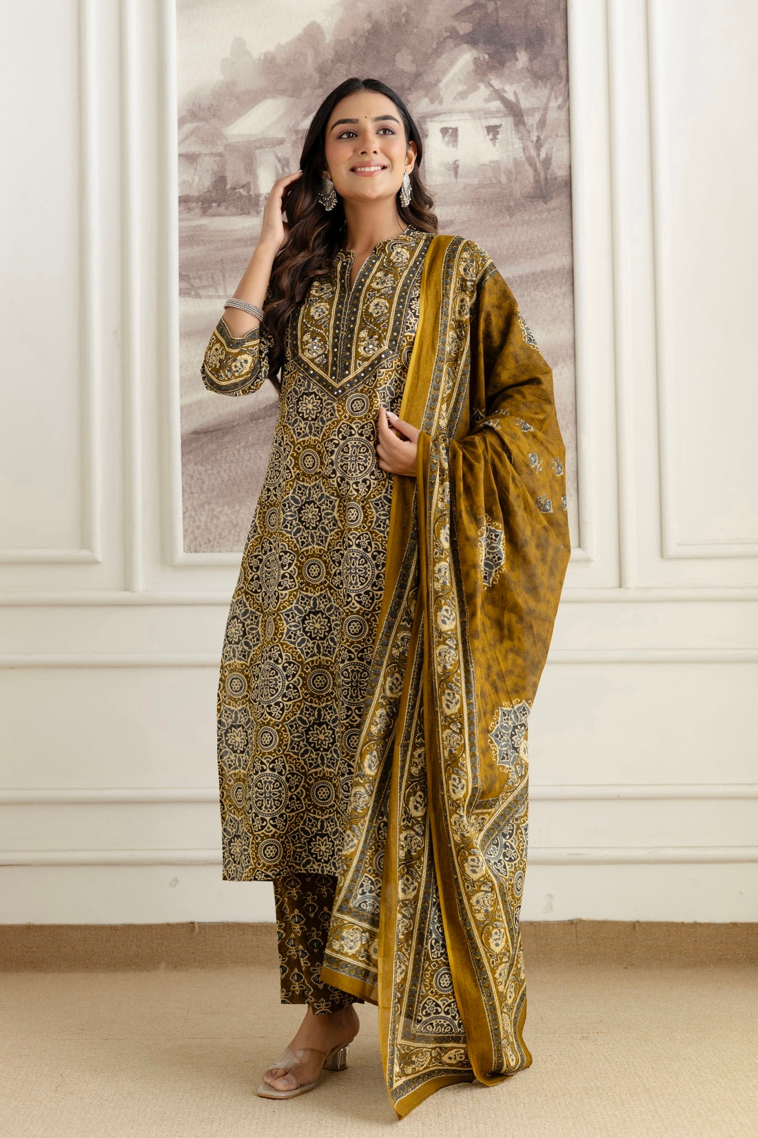 Green Cotton Printed Kurta Set with Palazzos and Dupatta