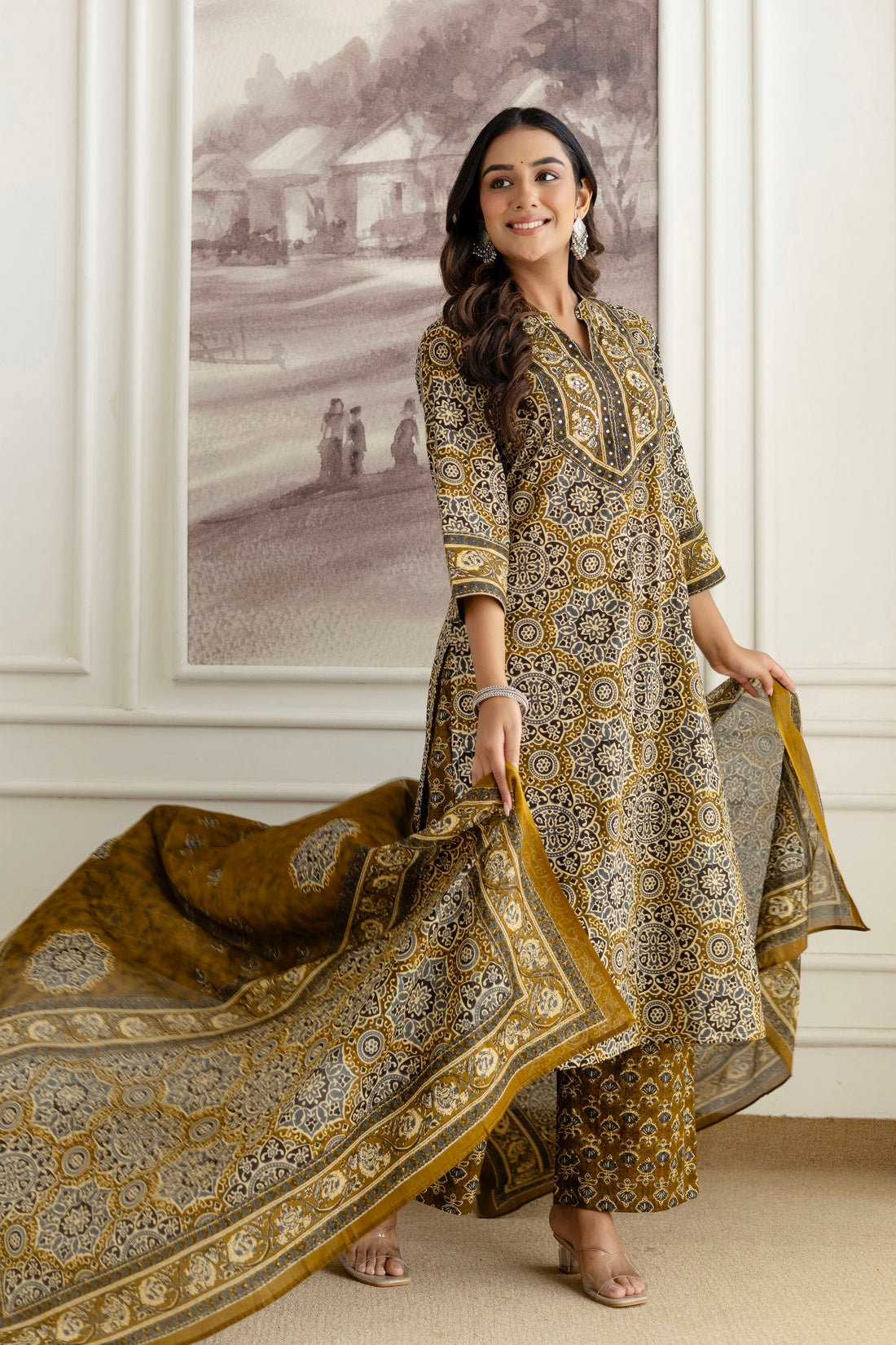 Green Cotton Printed Kurta Set with Palazzos and Dupatta