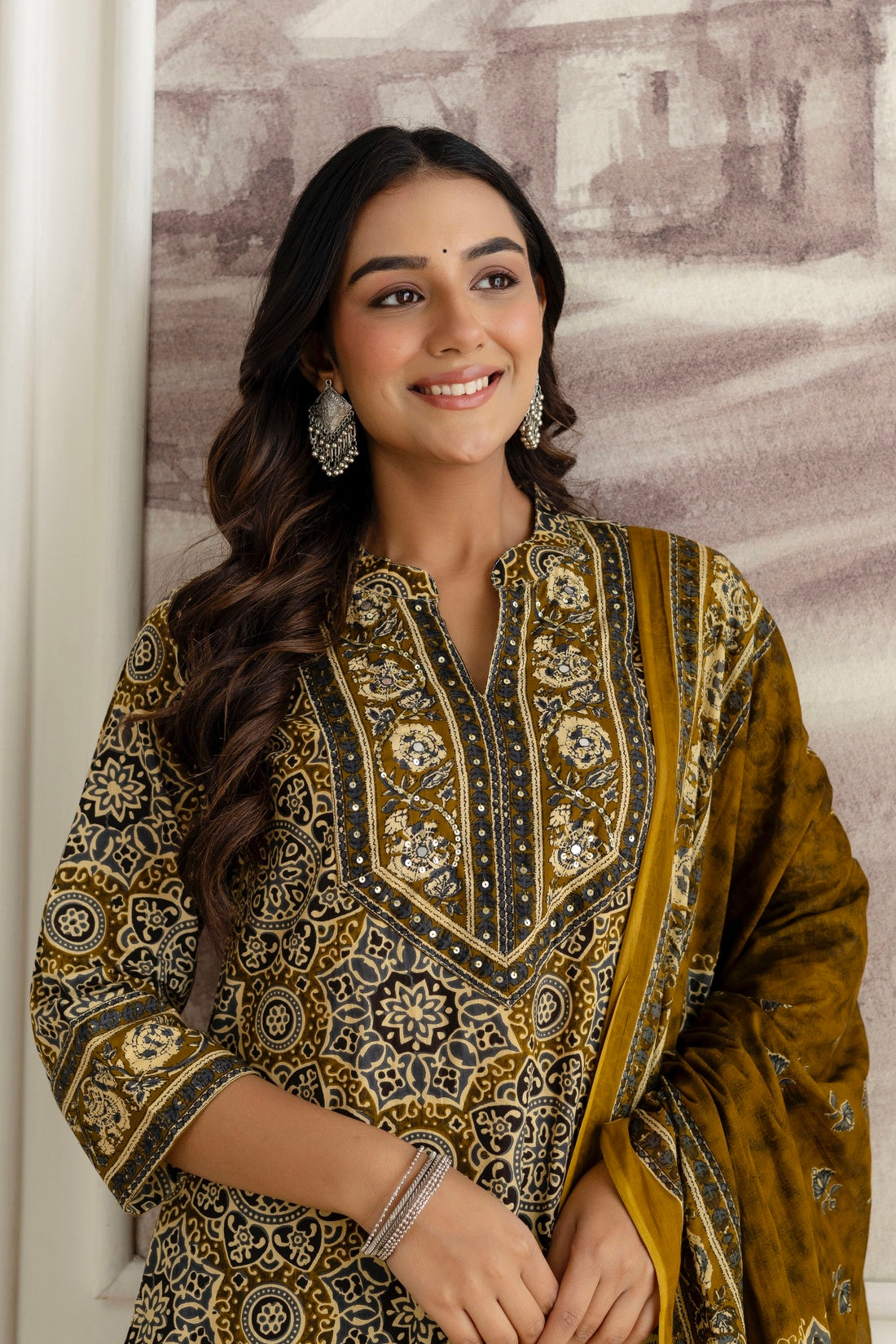 Green Cotton Printed Kurta Set with Palazzos and Dupatta