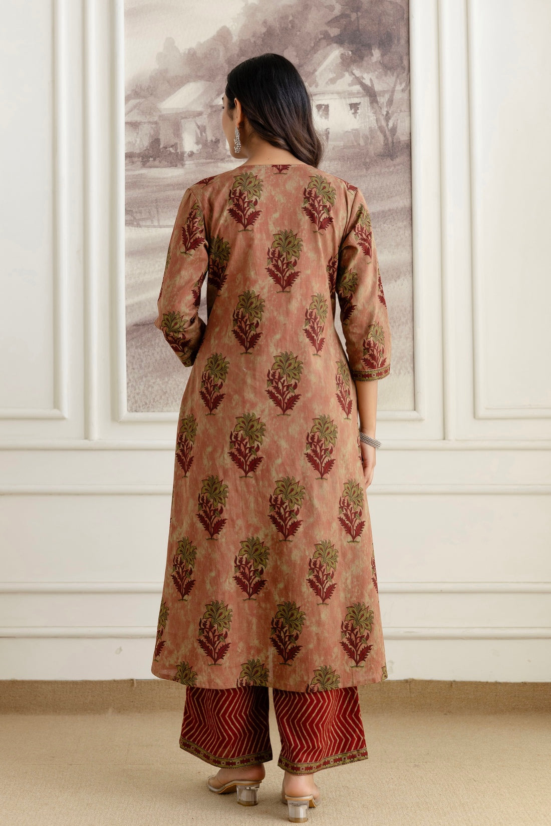 Rust Pintucks Aline Suit Set with Palazzo and Dupatta