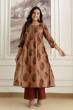 Rust Pintucks Aline Suit Set with Palazzo and Dupatta