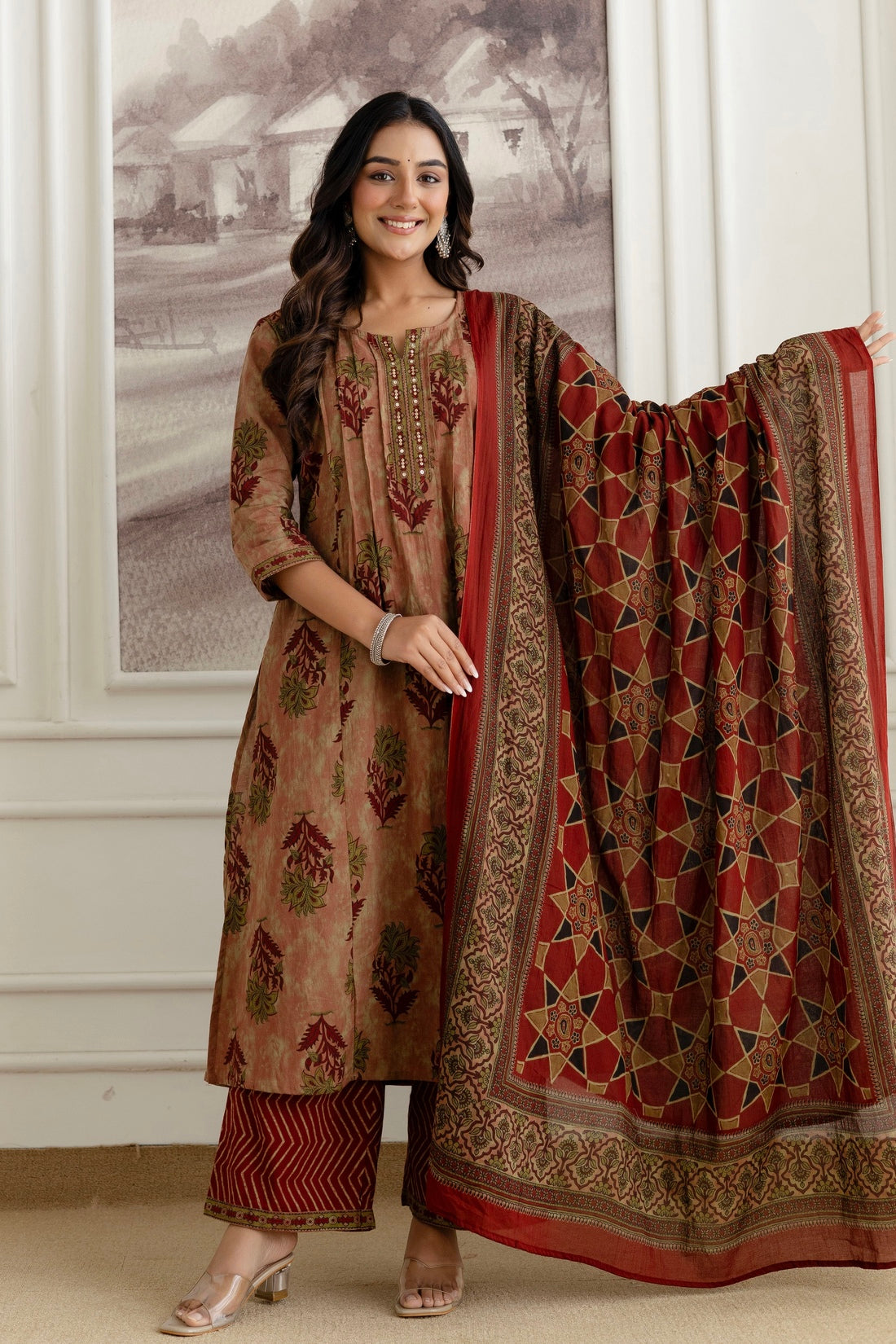 Rust Pintucks Aline Suit Set with Palazzo and Dupatta