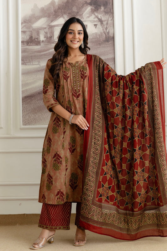 Rust Pintucks Aline Suit Set with Palazzo and Dupatta