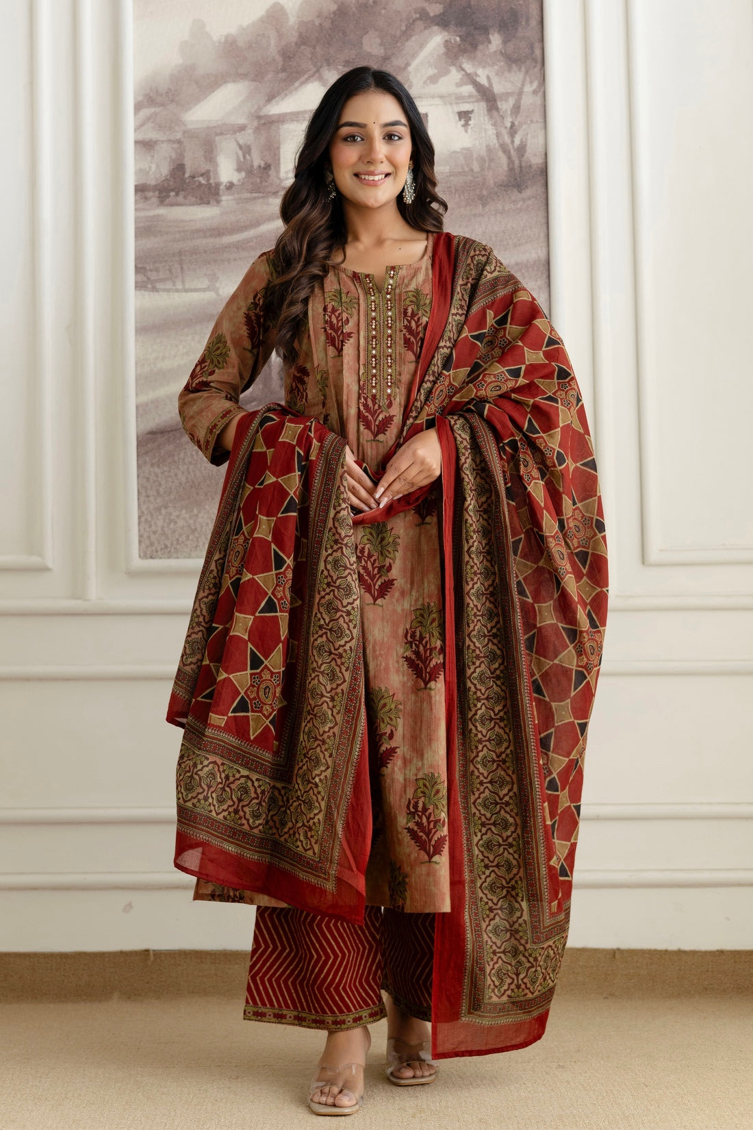 Rust Pintucks Aline Suit Set with Palazzo and Dupatta