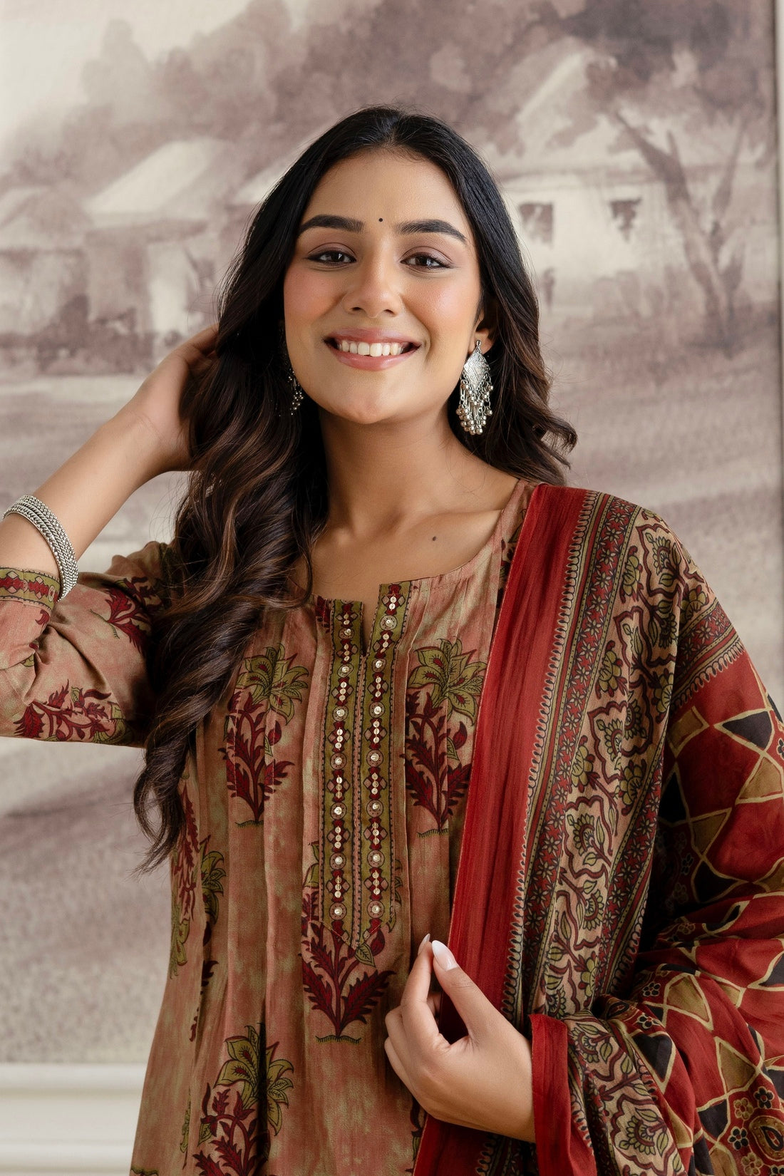 Rust Pintucks Aline Suit Set with Palazzo and Dupatta