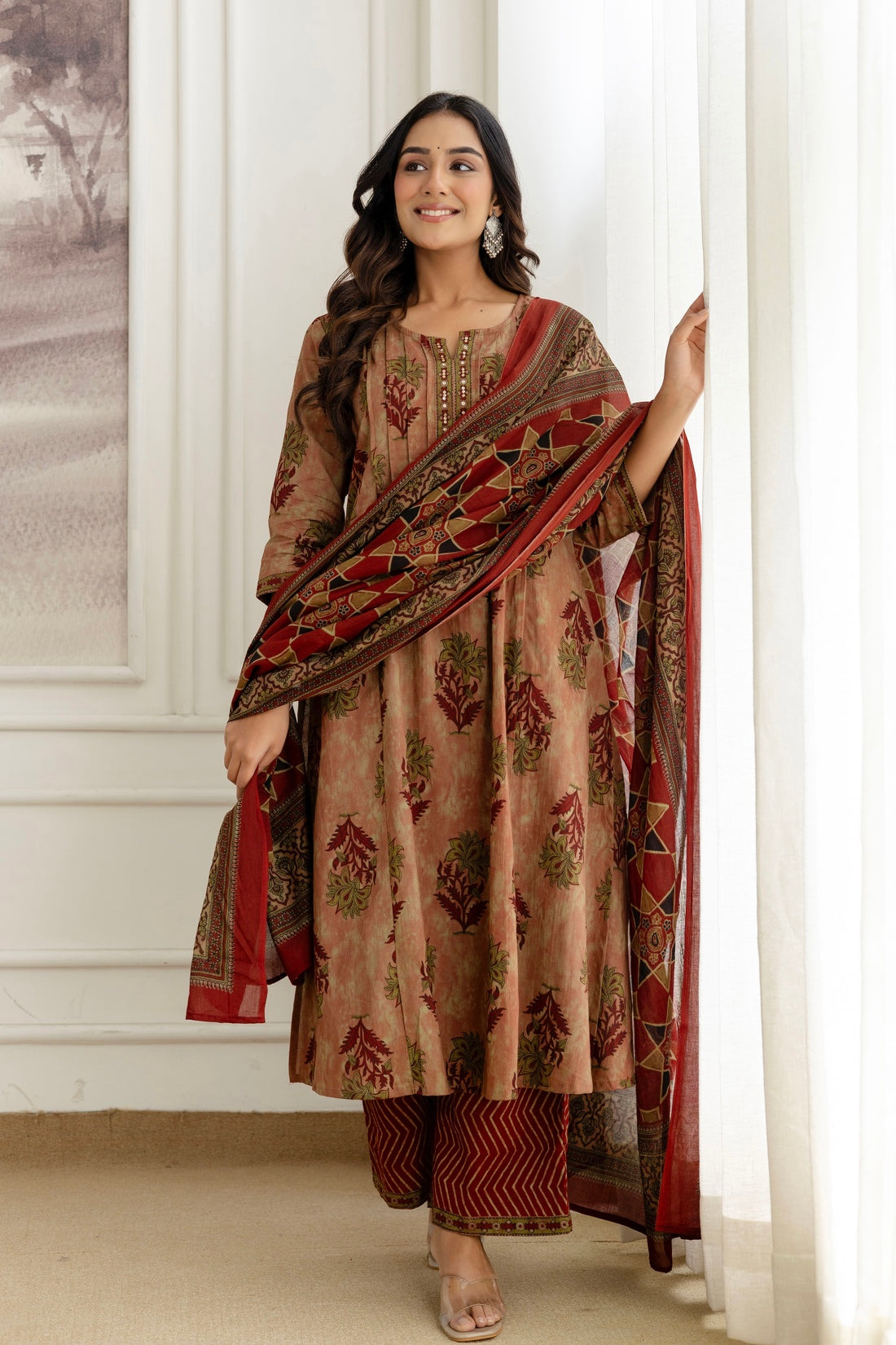 Rust Pintucks Aline Suit Set with Palazzo and Dupatta