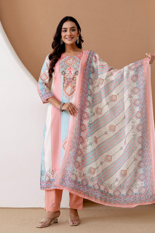 Pastel Linen with Lining Kurta Set with Trousers and Dupatta