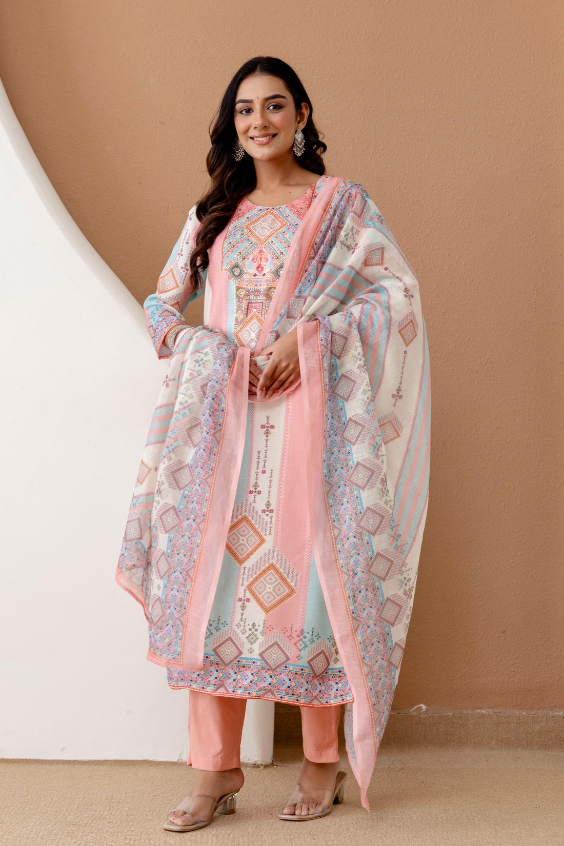 Pastel Linen with Lining Kurta Set with Trousers and Dupatta