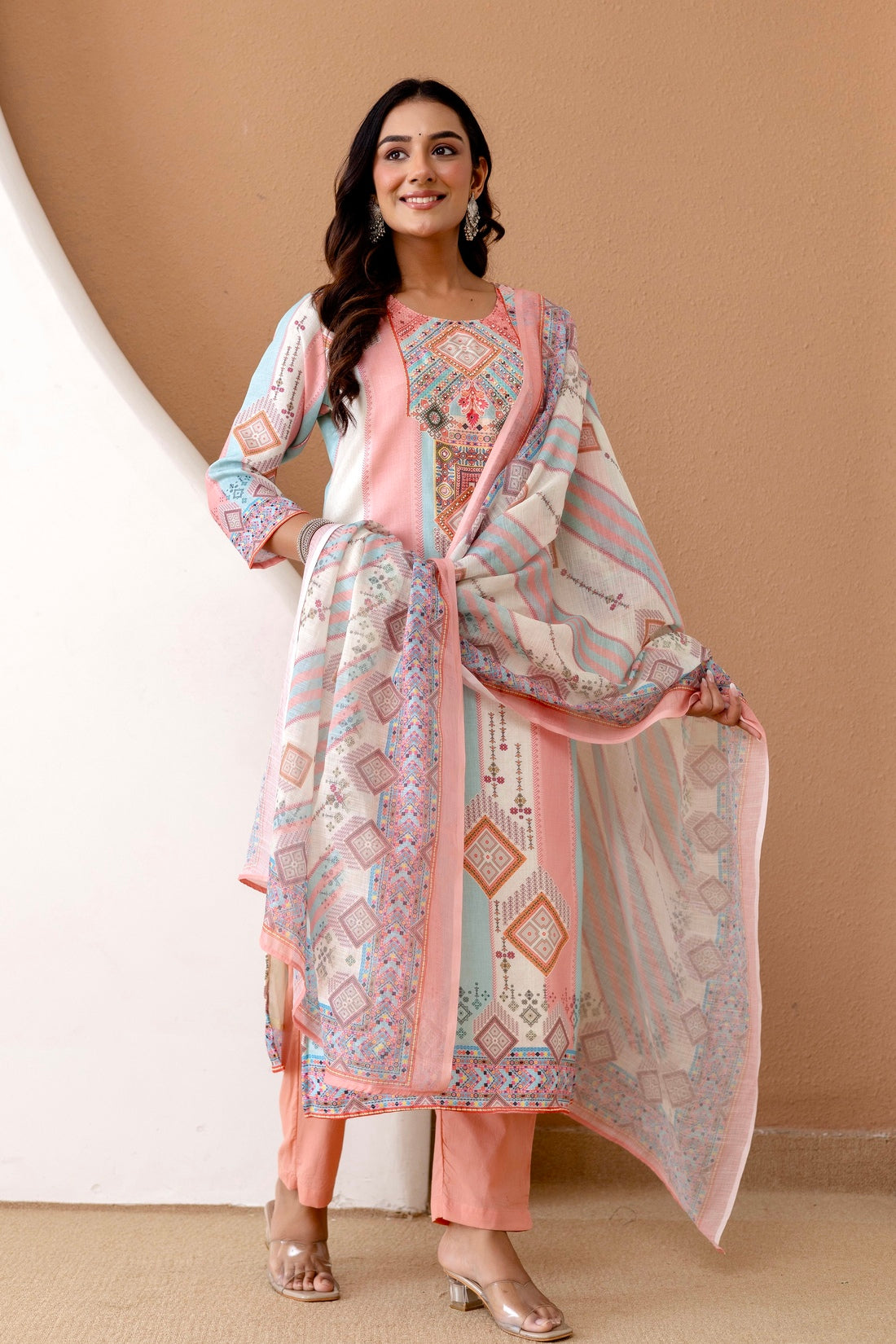 Pastel Linen with Lining Kurta Set with Trousers and Dupatta