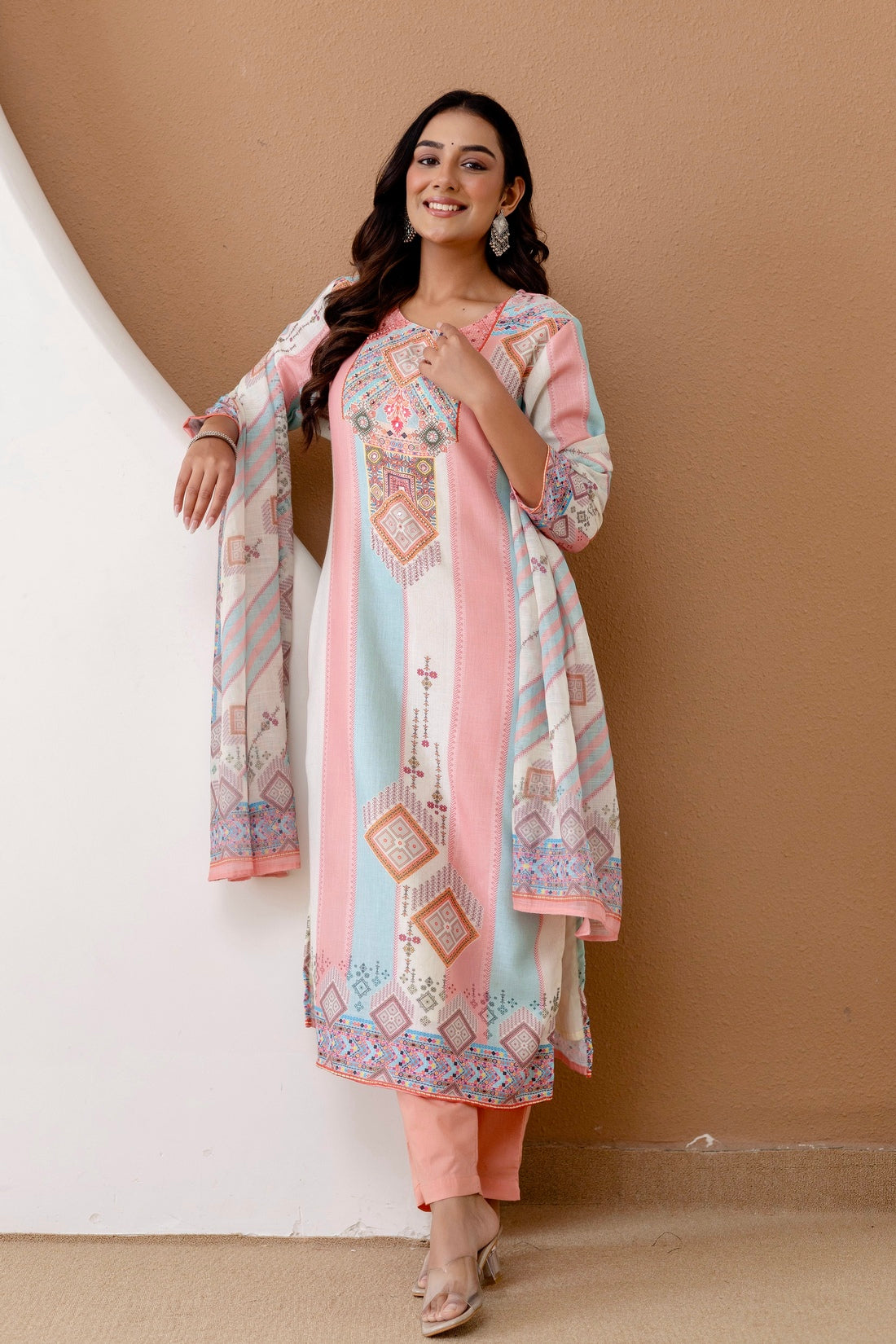 Pastel Linen with Lining Kurta Set with Trousers and Dupatta