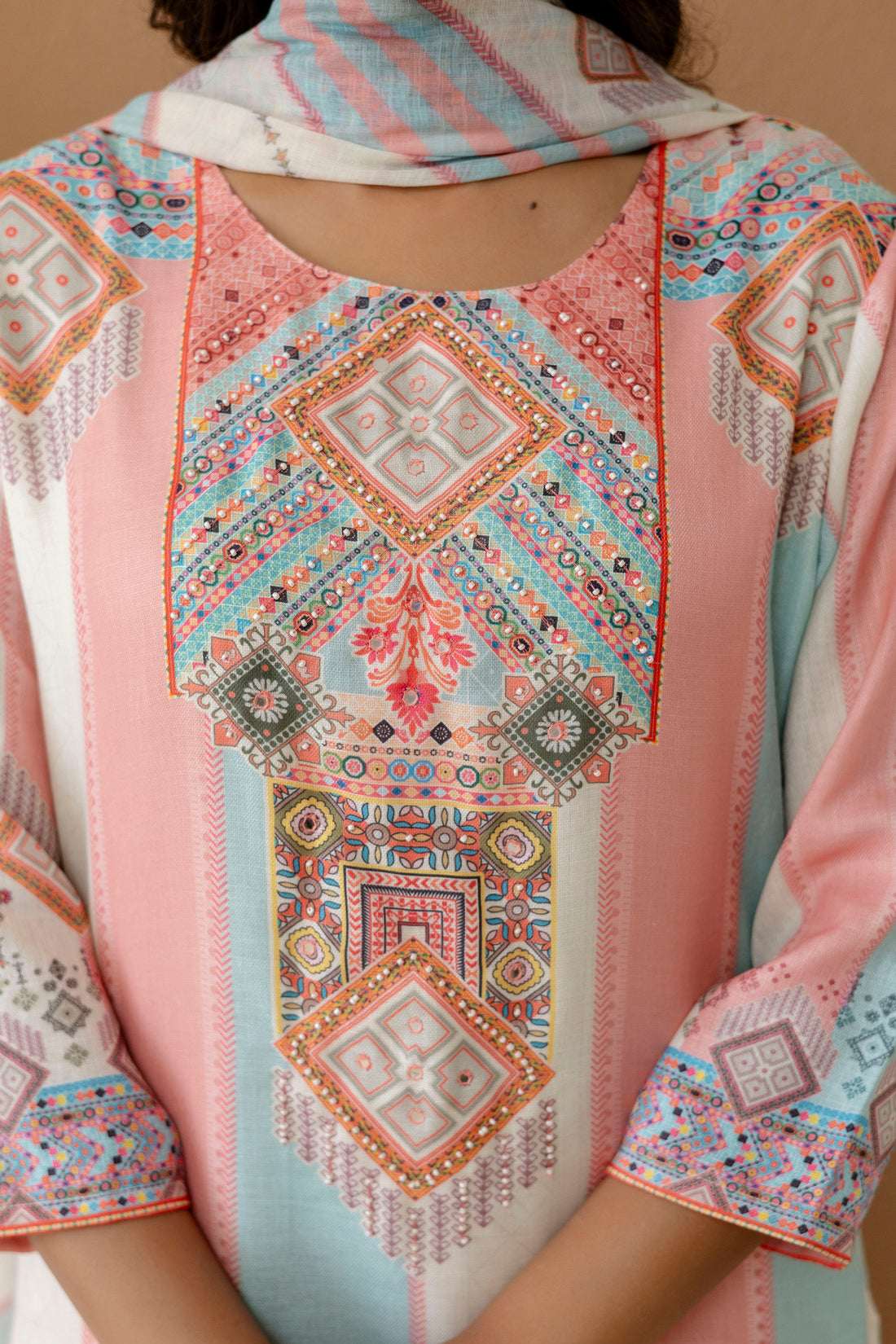 Pastel Linen with Lining Kurta Set with Trousers and Dupatta