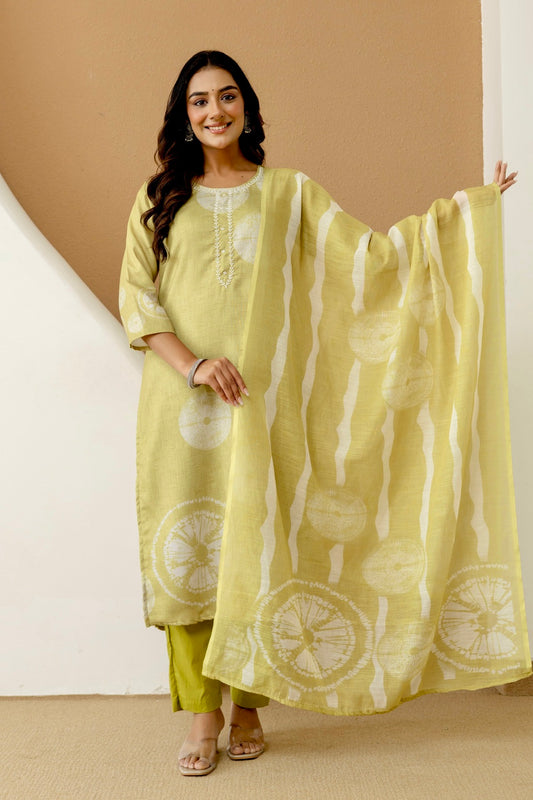 Green Linen with Lining Kurta Set with Trousers and Dupatta