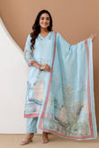 Sky Blue Linen with Lining Kurta Set with Trousers and Dupatta