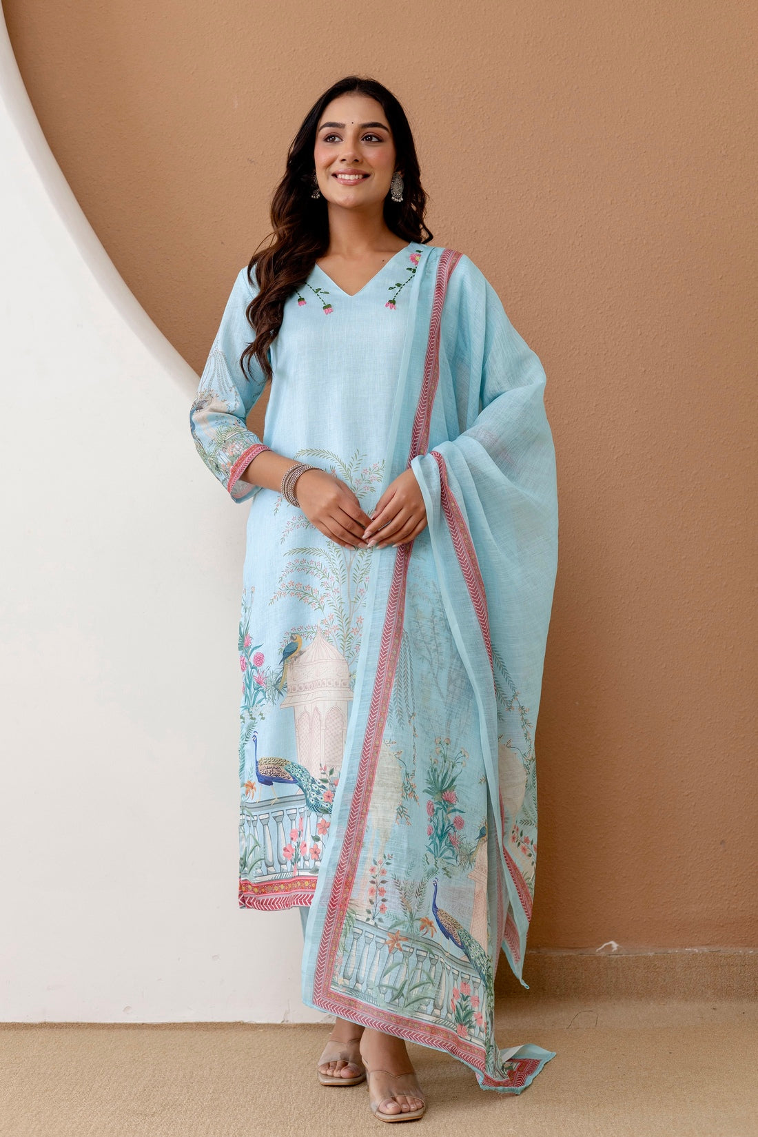 Sky Blue Linen with Lining Kurta Set with Trousers and Dupatta