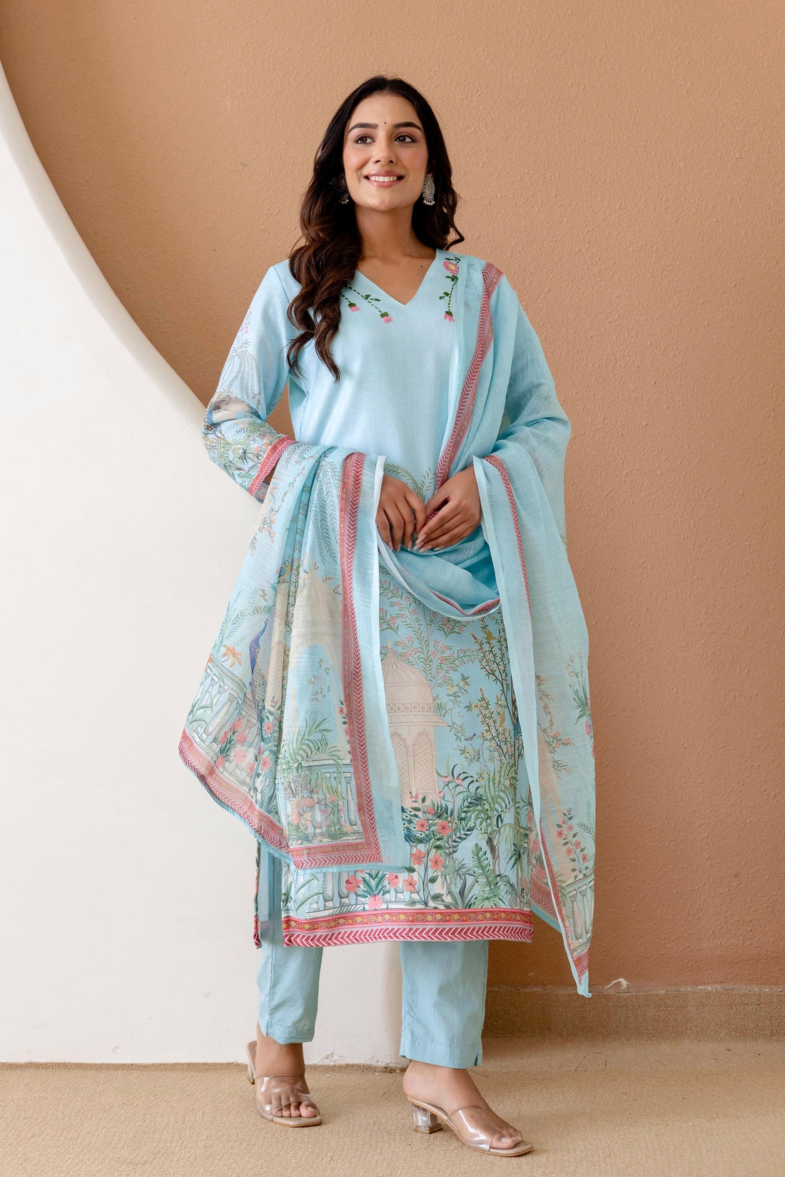 Sky Blue Linen with Lining Kurta Set with Trousers and Dupatta