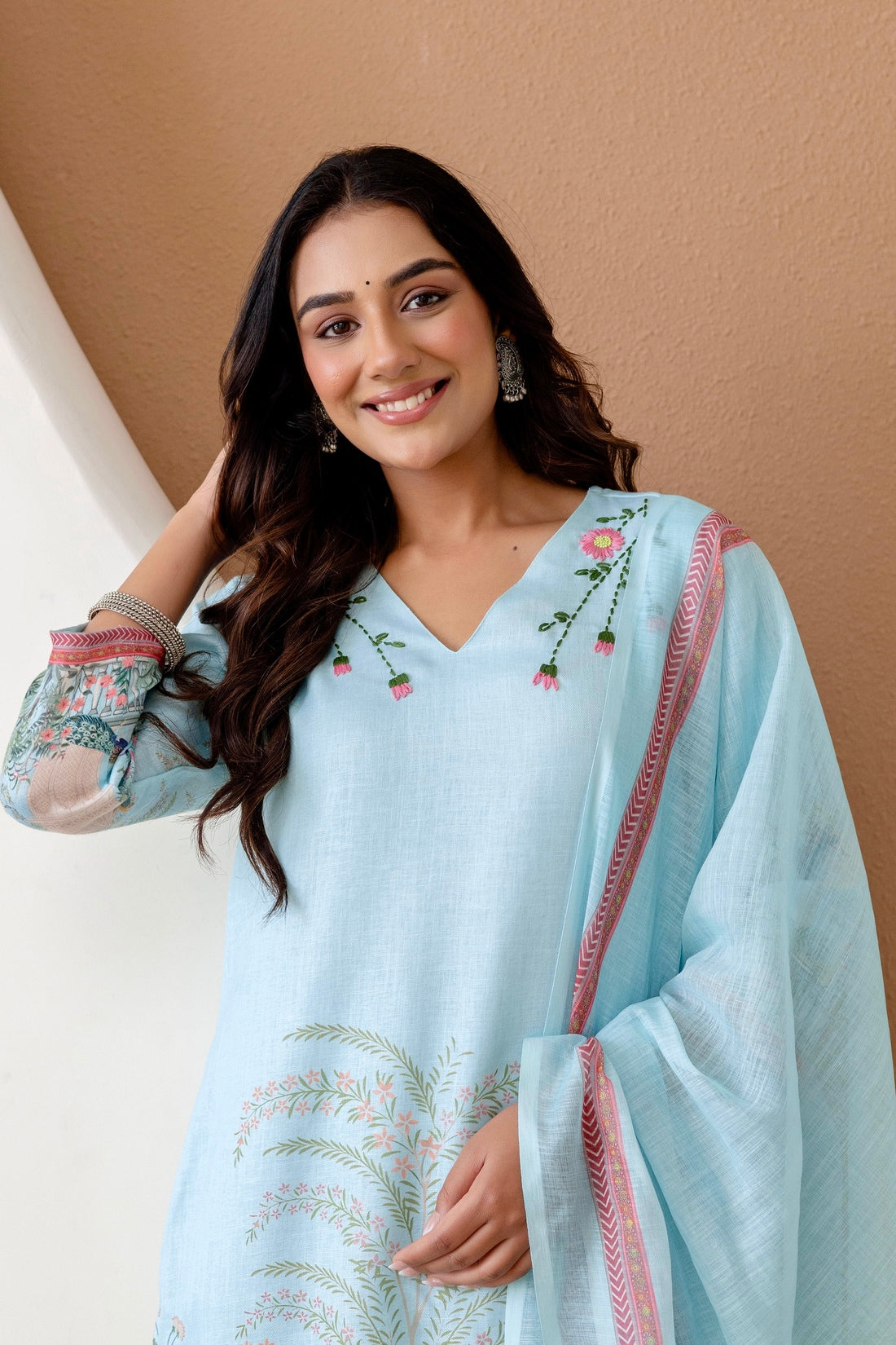 Sky Blue Linen with Lining Kurta Set with Trousers and Dupatta