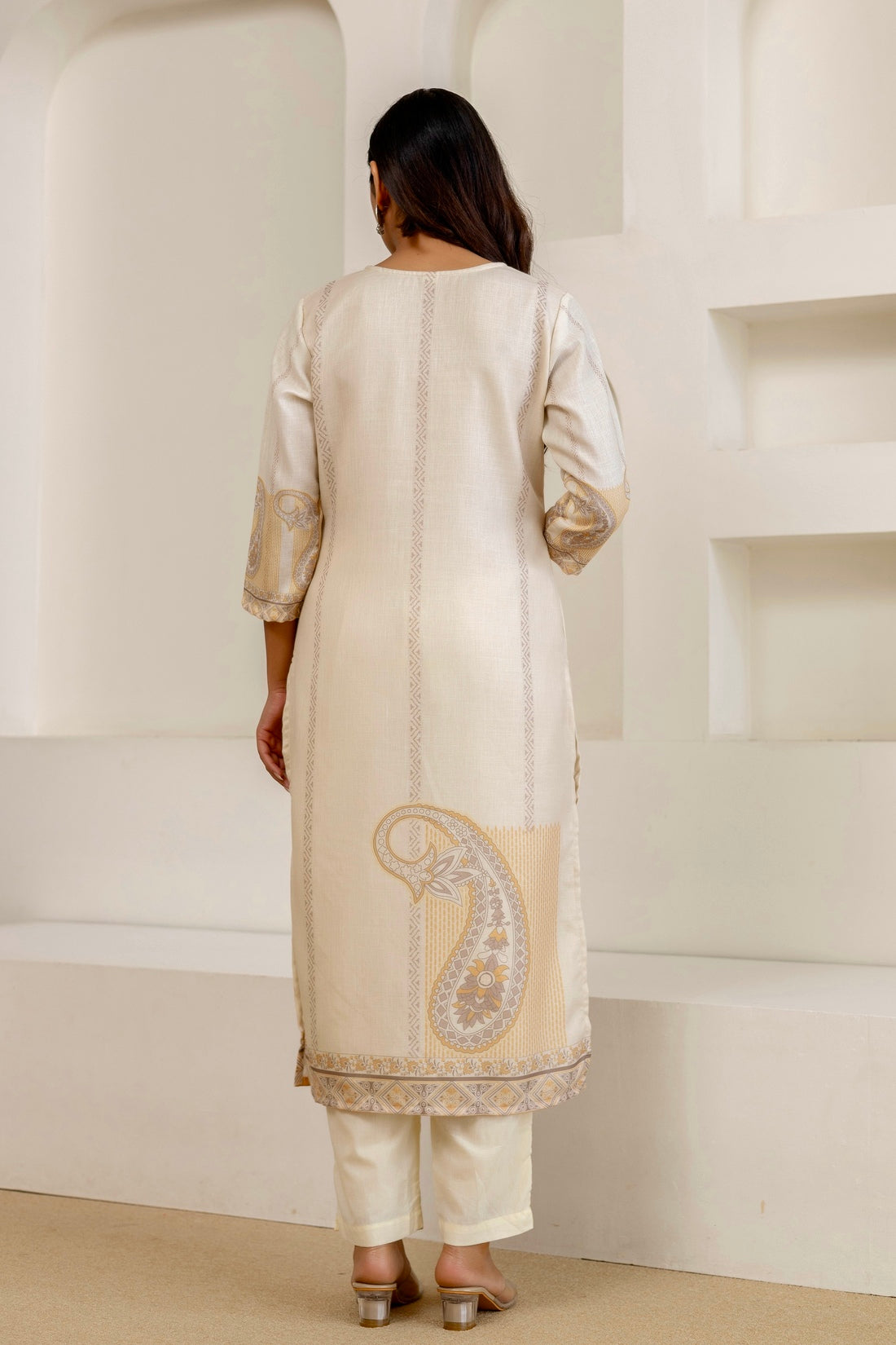 Cream Linen with Lining Kurta Set with Trousers and Dupatta