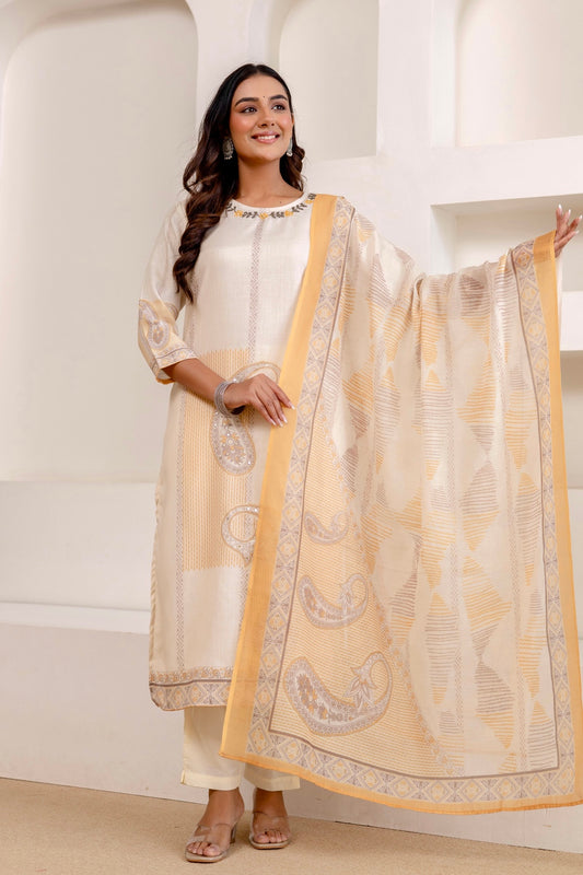 Cream Linen with Lining Kurta Set with Trousers and Dupatta