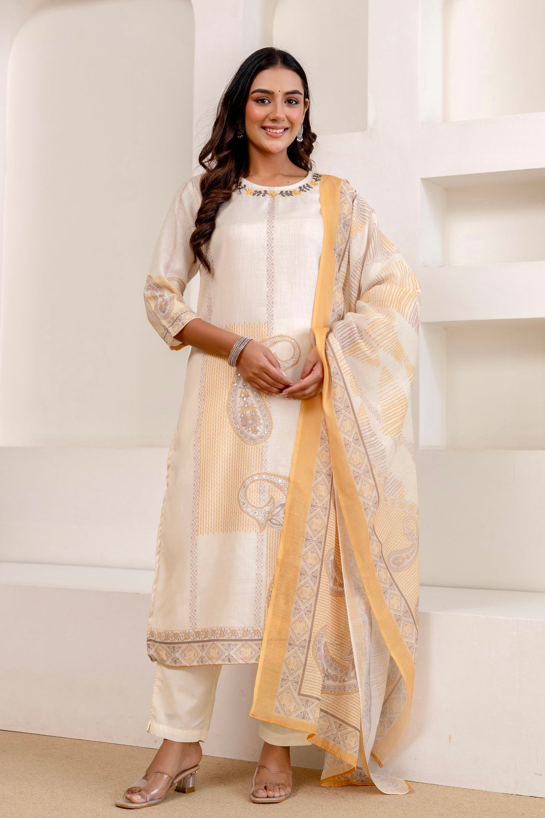 Cream Linen with Lining Kurta Set with Trousers and Dupatta
