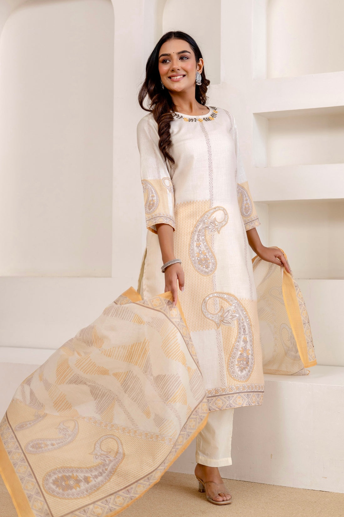 Cream Linen with Lining Kurta Set with Trousers and Dupatta