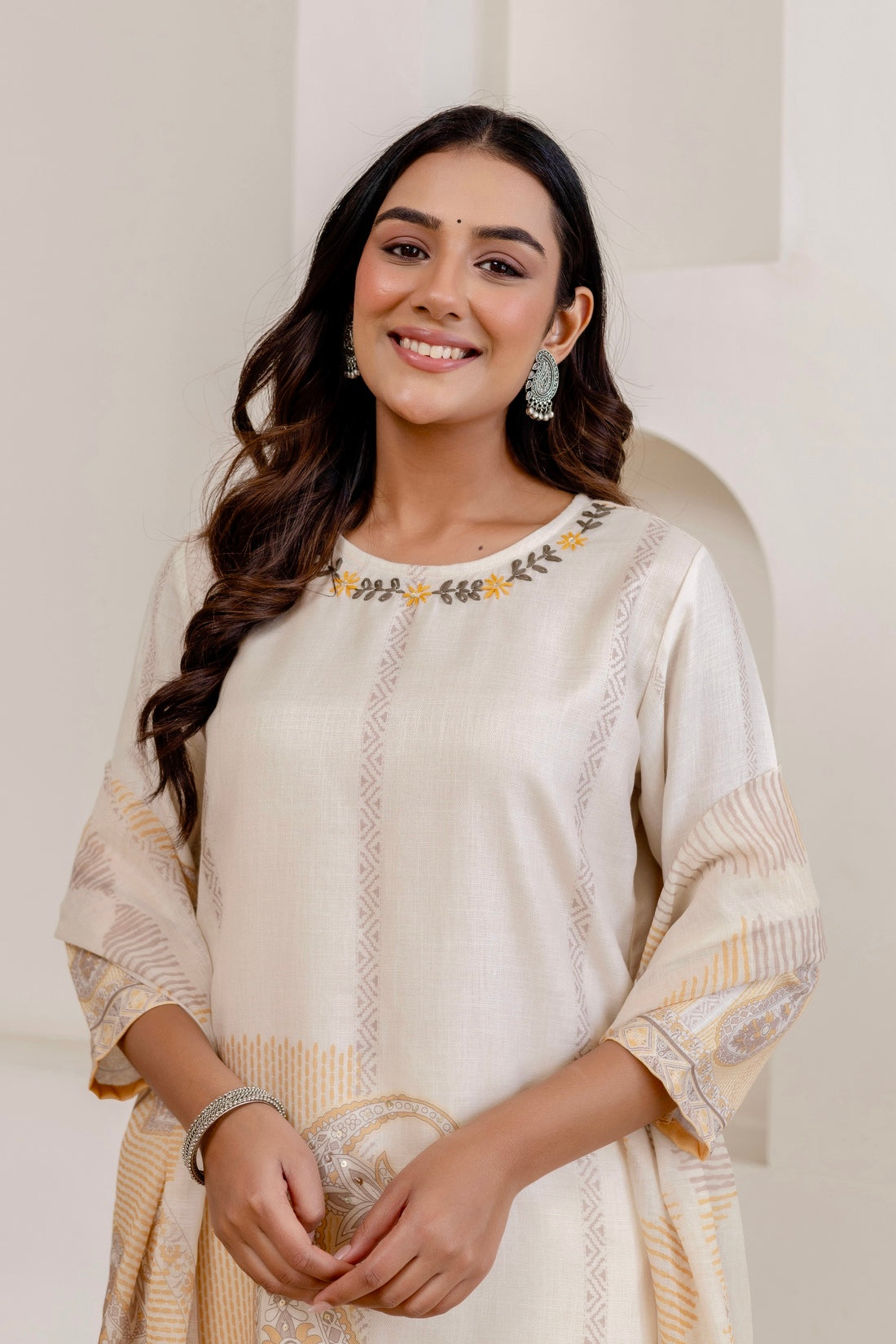Cream Linen with Lining Kurta Set with Trousers and Dupatta