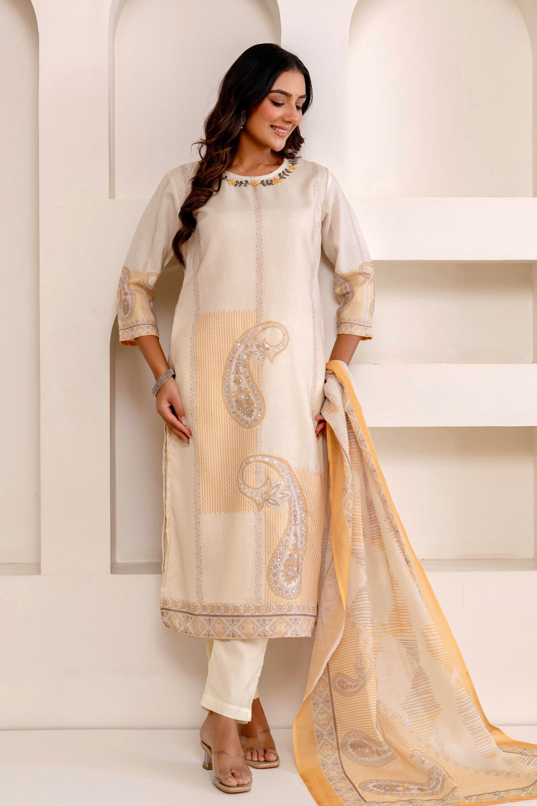 Cream Linen with Lining Kurta Set with Trousers and Dupatta