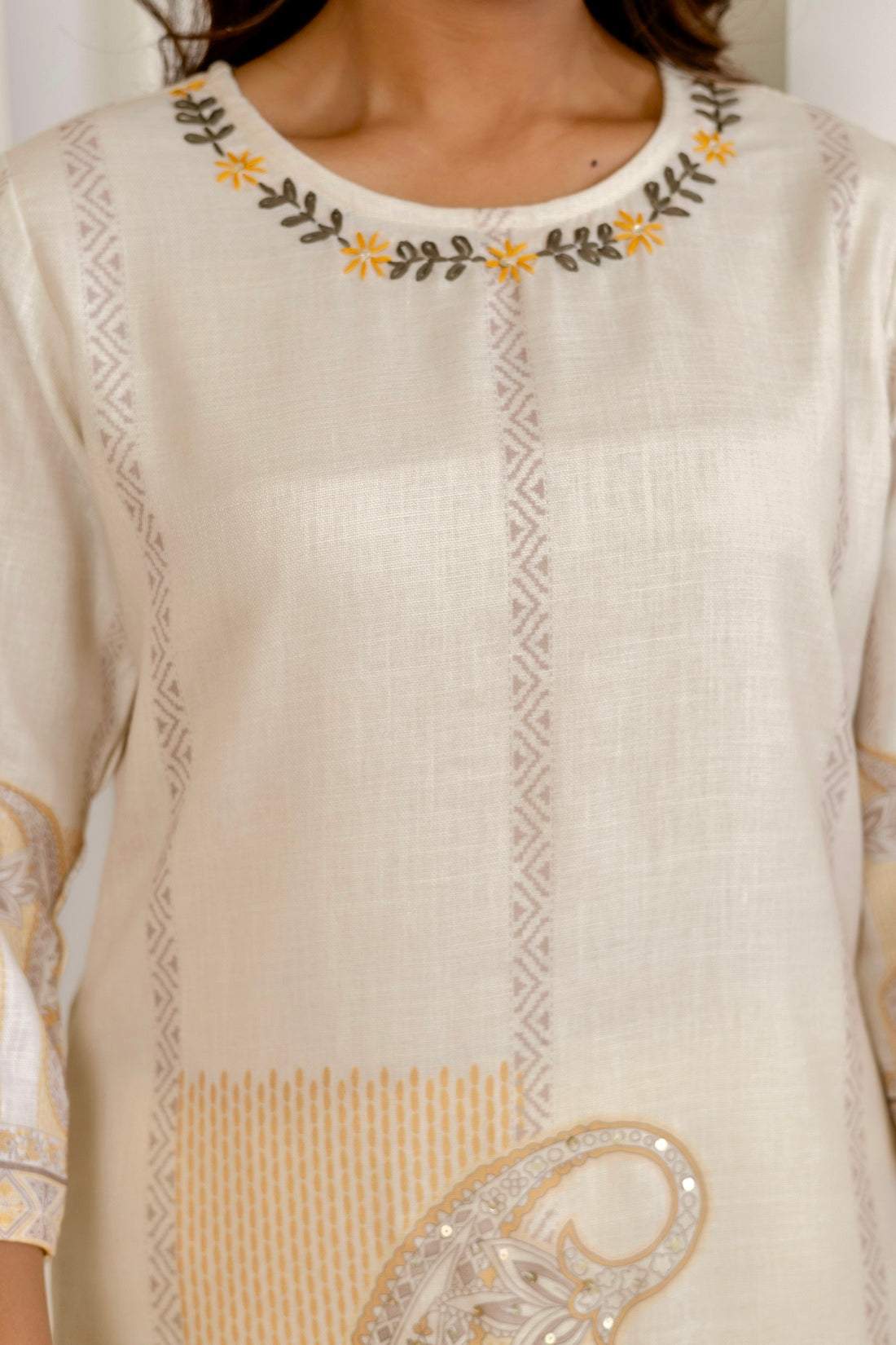 Cream Linen with Lining Kurta Set with Trousers and Dupatta