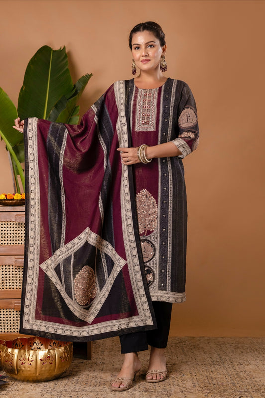 Black and Burgundy Tissue Silk Lined Festive Kurta Set with Trousers and Dupatta