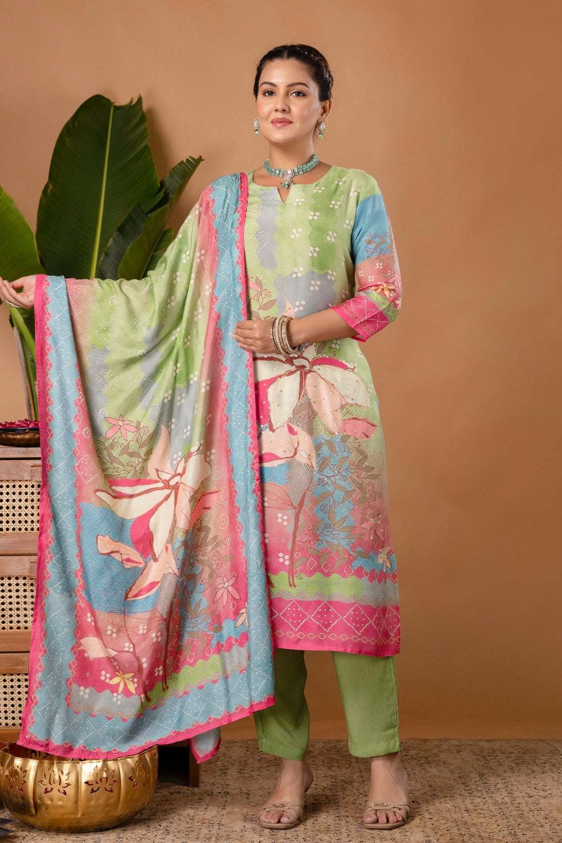 Zari Work Viscose Festive Kurta Set with Trousers and Dupatta