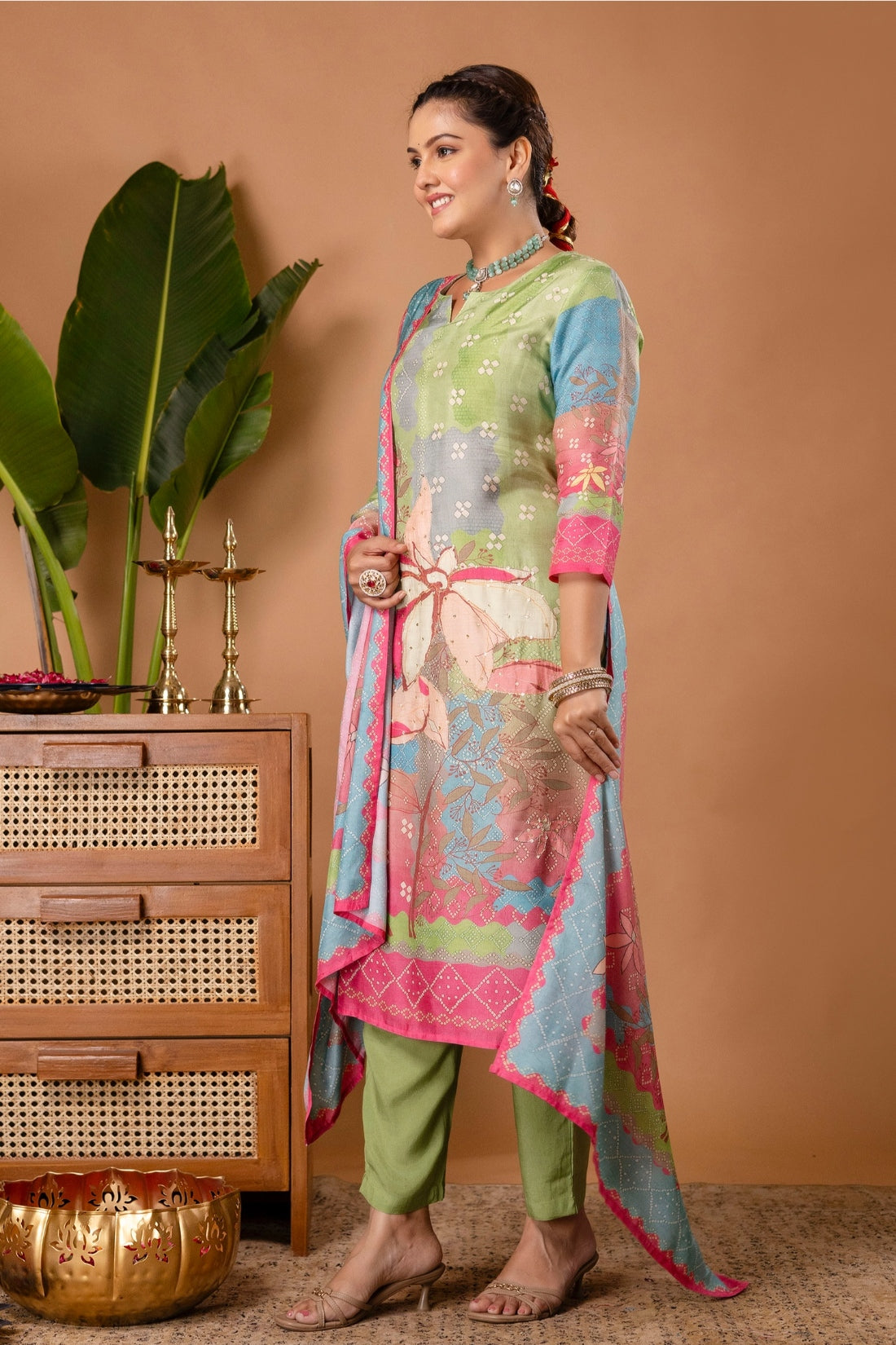 Zari Work Viscose Festive Kurta Set with Trousers and Dupatta