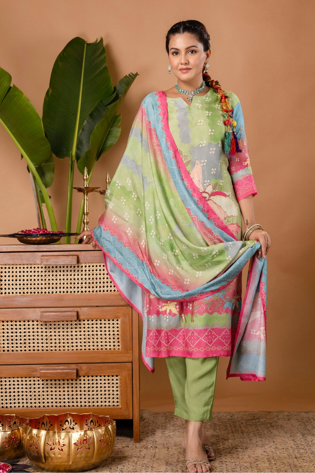 Zari Work Viscose Festive Kurta Set with Trousers and Dupatta