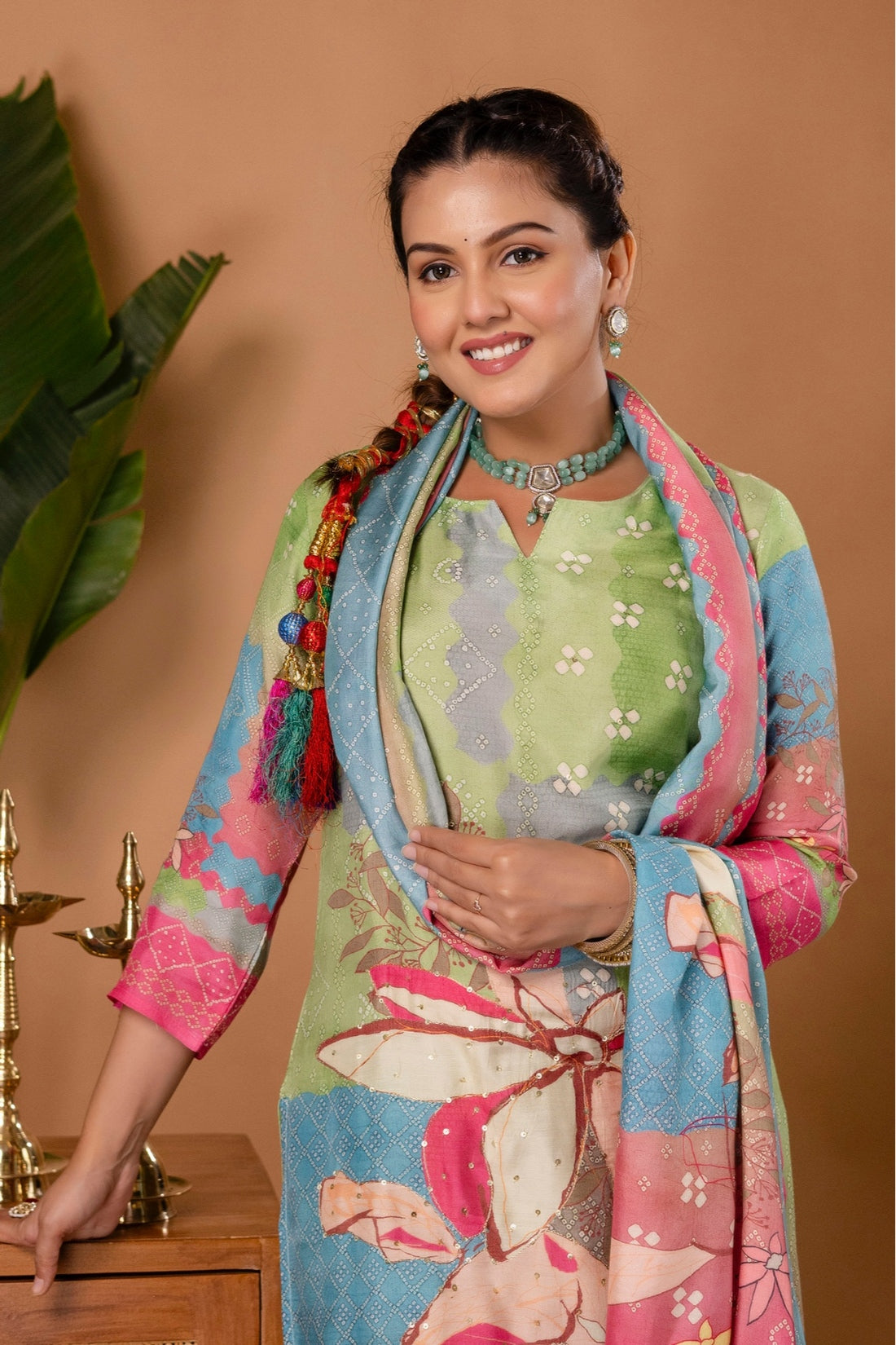 Zari Work Viscose Festive Kurta Set with Trousers and Dupatta
