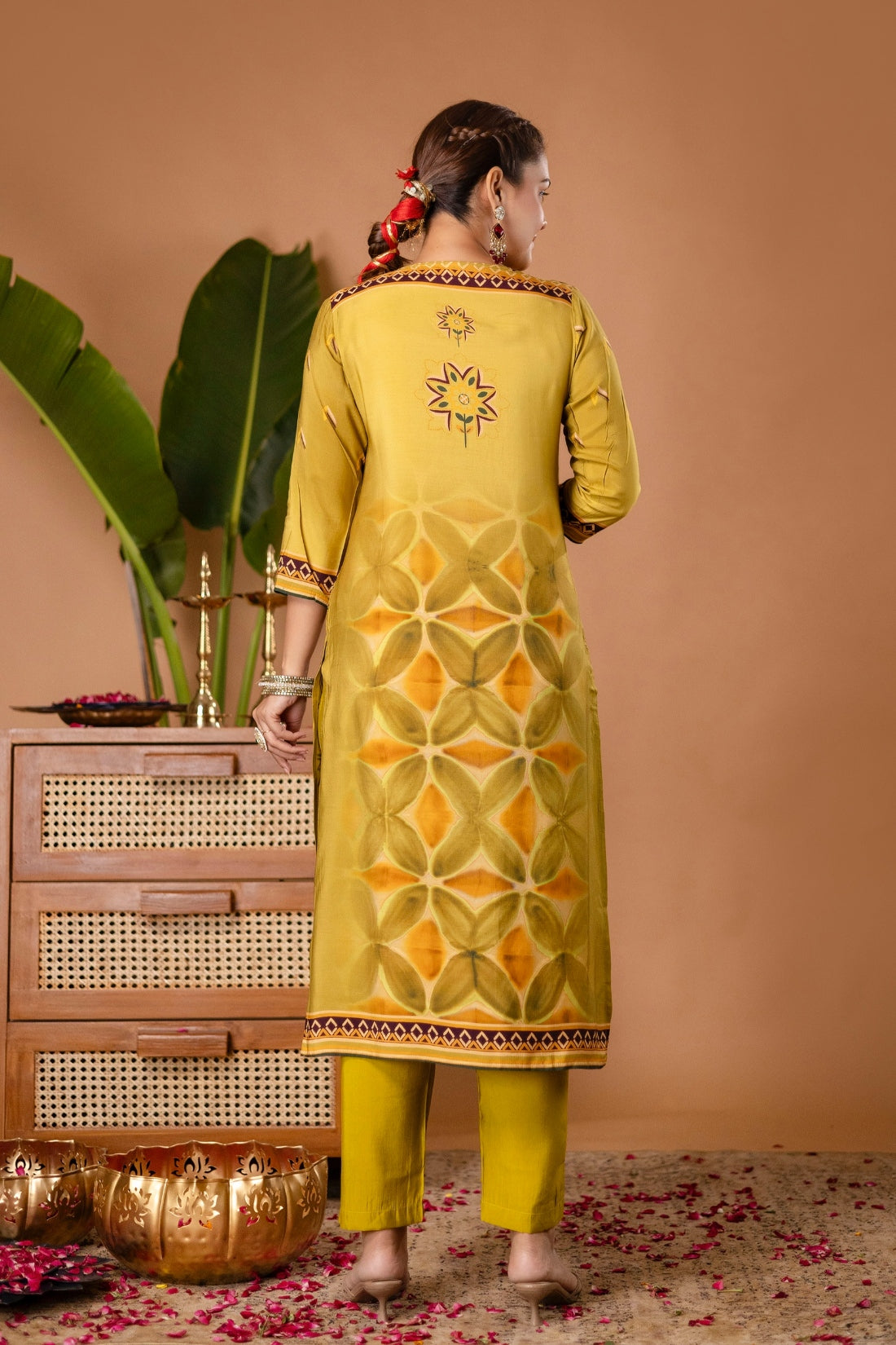 Yellow Festive Yoke Design Viscose Kurta Set with Trousers and Dupatta