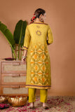 Yellow Festive Yoke Design Viscose Kurta Set with Trousers and Dupatta