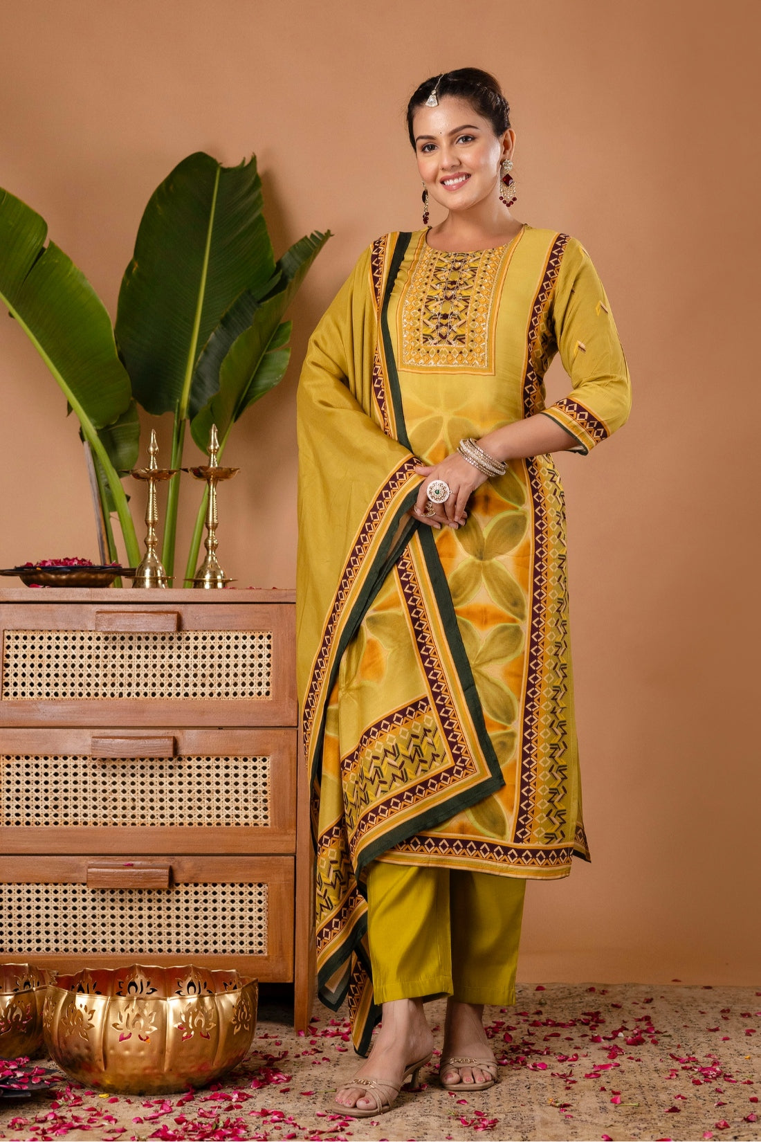 Yellow Festive Yoke Design Viscose Kurta Set with Trousers and Dupatta