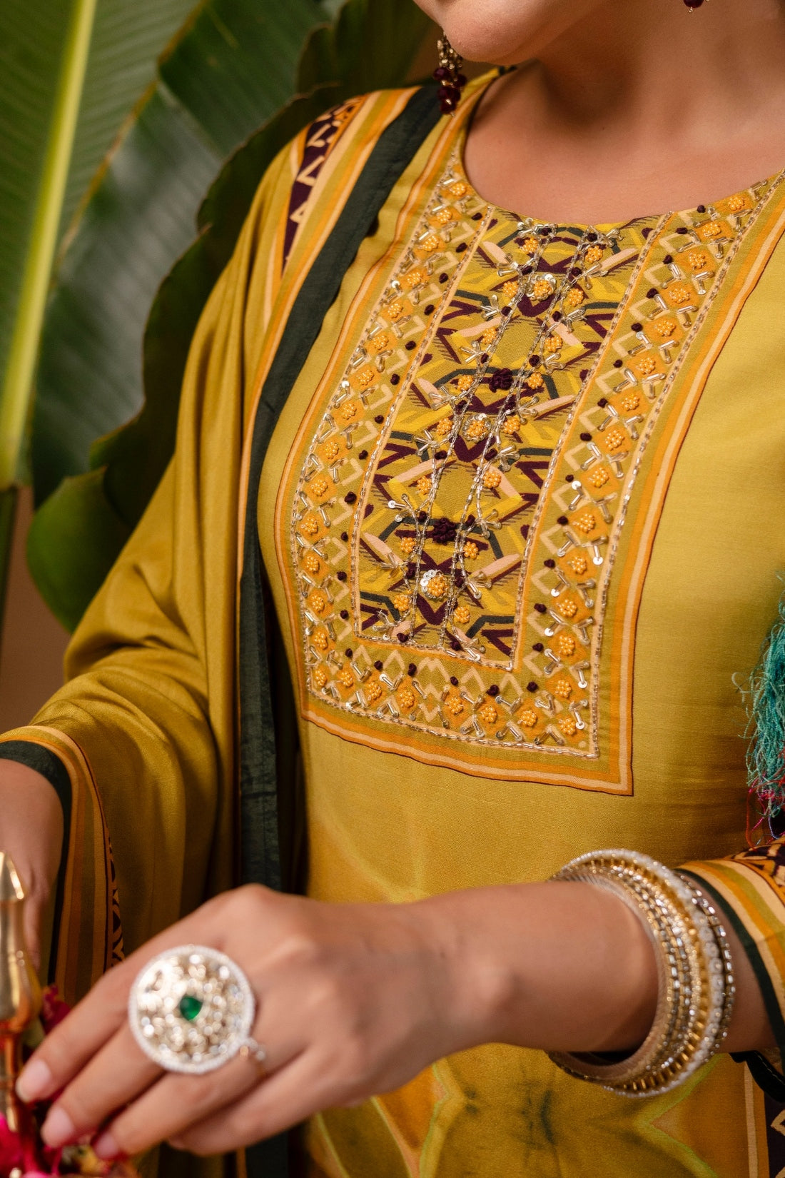 Yellow Festive Yoke Design Viscose Kurta Set with Trousers and Dupatta