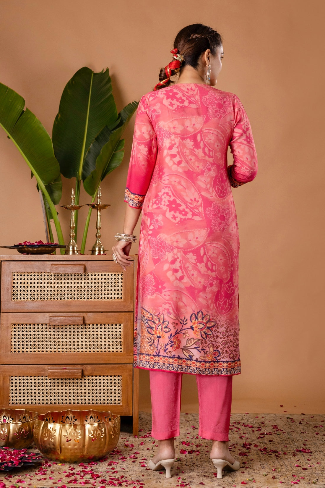 Pink Festive Viscose Hand Embroidered Kurta Set with Trousers and Dupatta