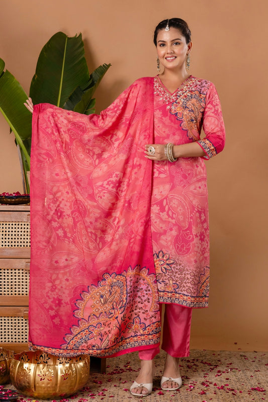 Pink Festive Viscose Hand Embroidered Kurta Set with Trousers and Dupatta