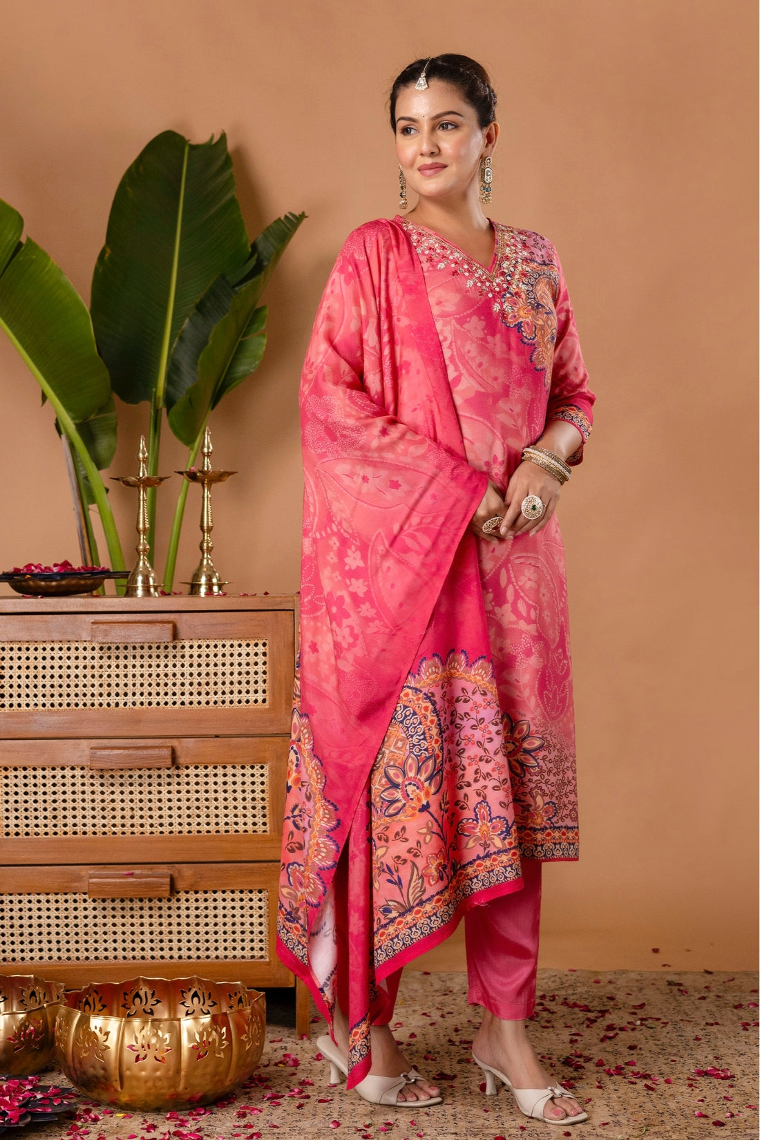 Pink Festive Viscose Hand Embroidered Kurta Set with Trousers and Dupatta