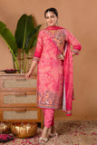 Pink Festive Viscose Hand Embroidered Kurta Set with Trousers and Dupatta