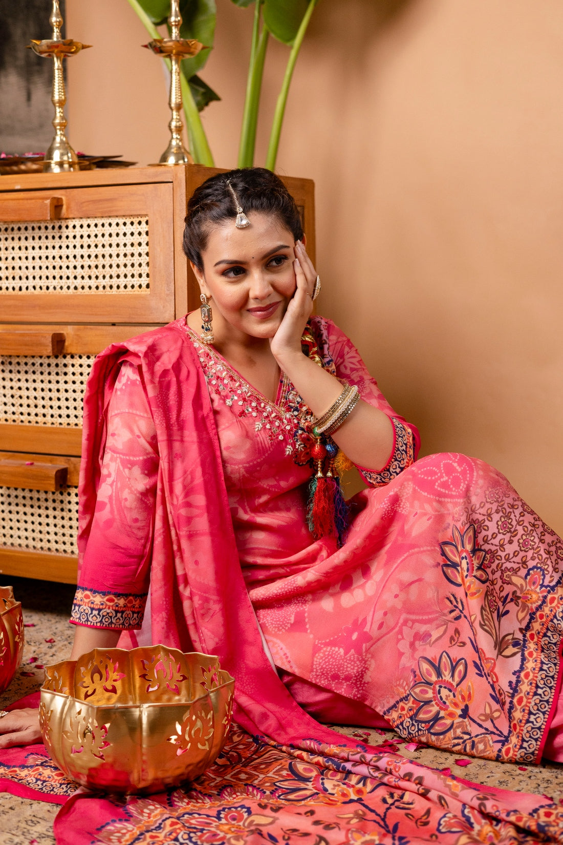 Pink Festive Viscose Hand Embroidered Kurta Set with Trousers and Dupatta