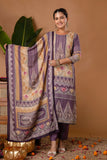 Purple & Cream Mirrorwork Viscose Festive Kurta Set with Trousers and Dupatta