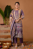 Purple & Cream Mirrorwork Viscose Festive Kurta Set with Trousers and Dupatta