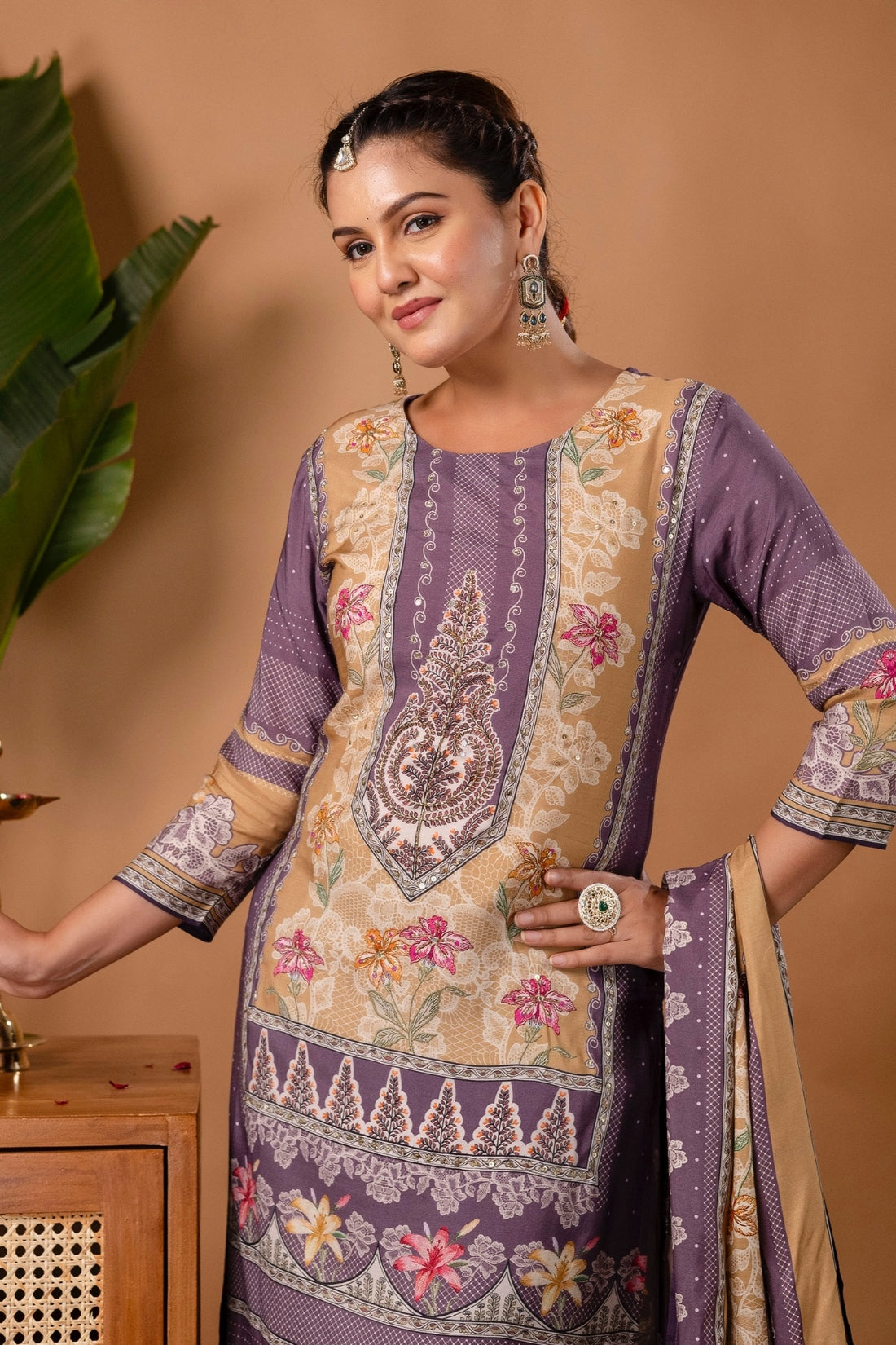 Purple & Cream Mirrorwork Viscose Festive Kurta Set with Trousers and Dupatta
