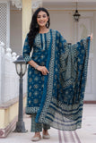 VEDA - Deep Blue Yoke Design Kurta Set with Trouser and Dupatta