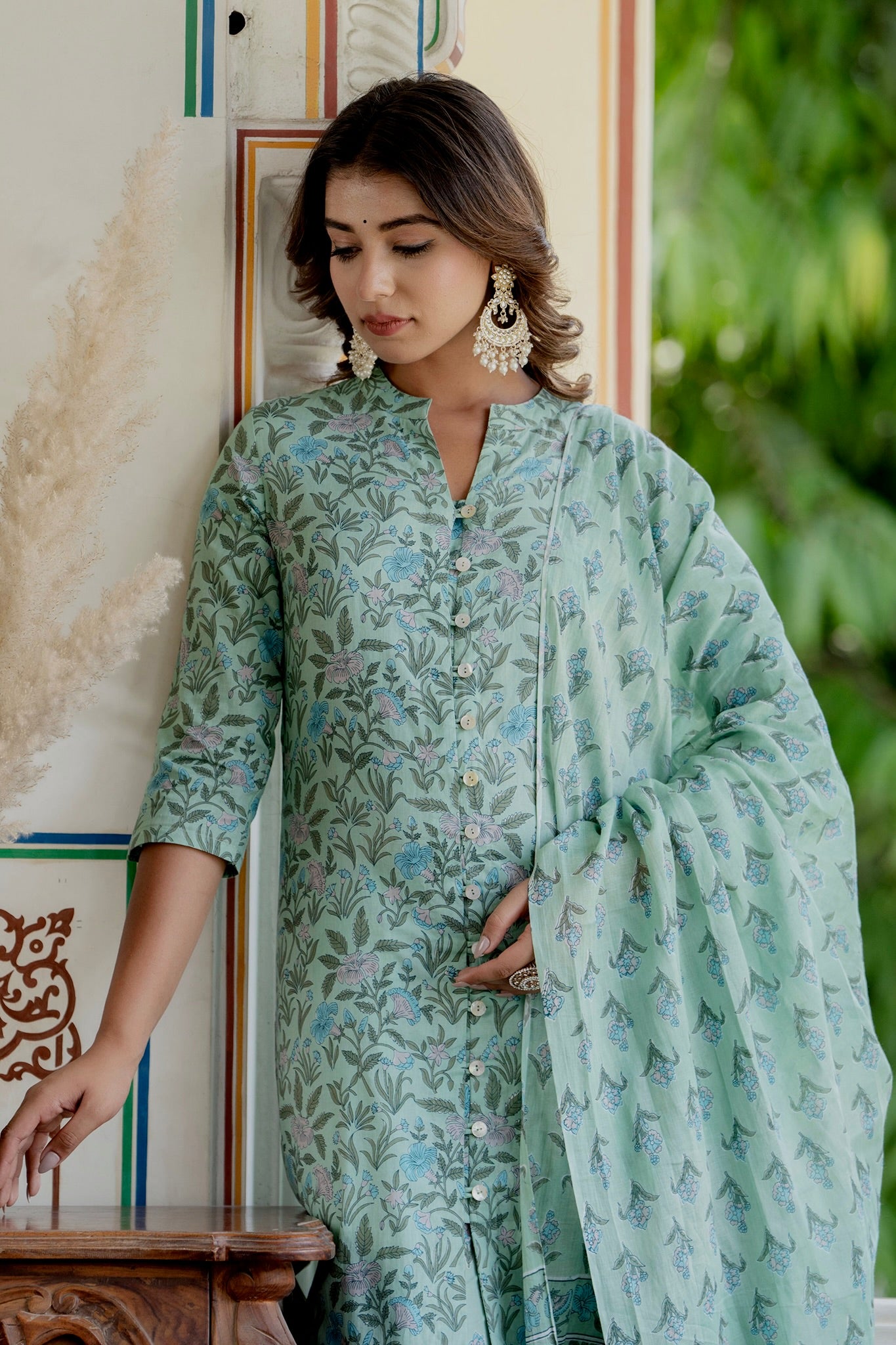 Sonia - Green Front Open Everyday Wear Cotton Kurta Set with Dupatta