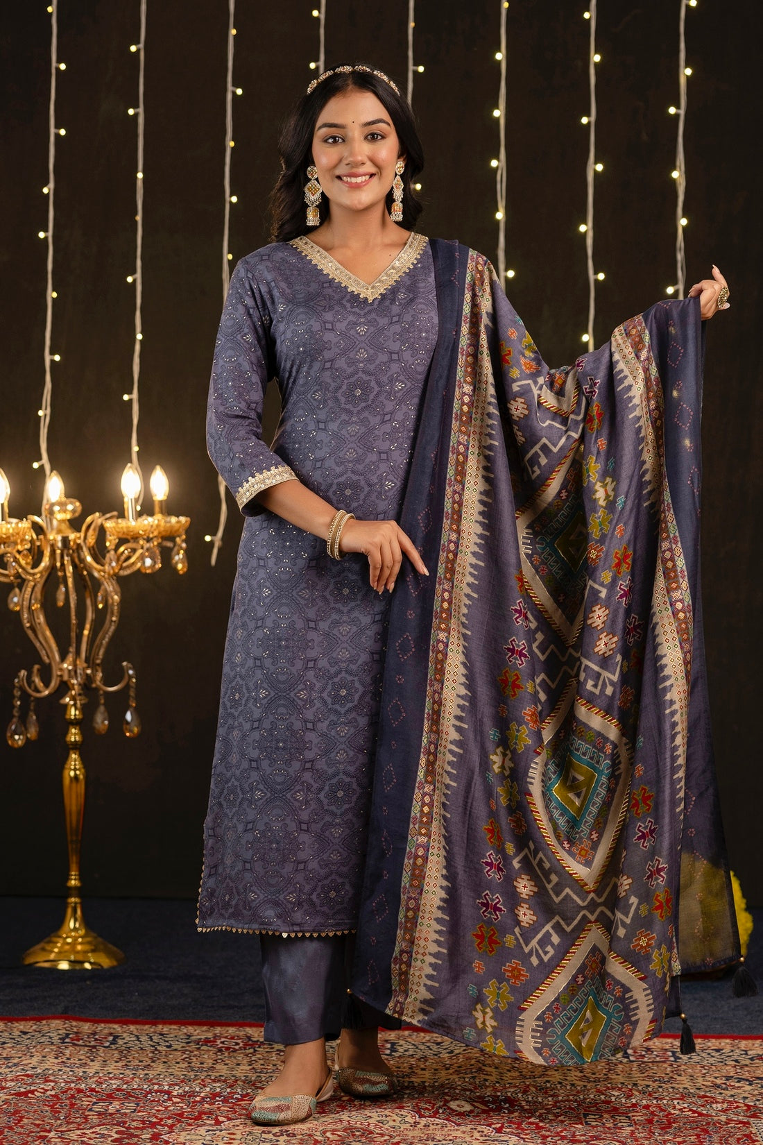 Janvi - Blue Printed Festive Silk Kurta Set with Dupatta