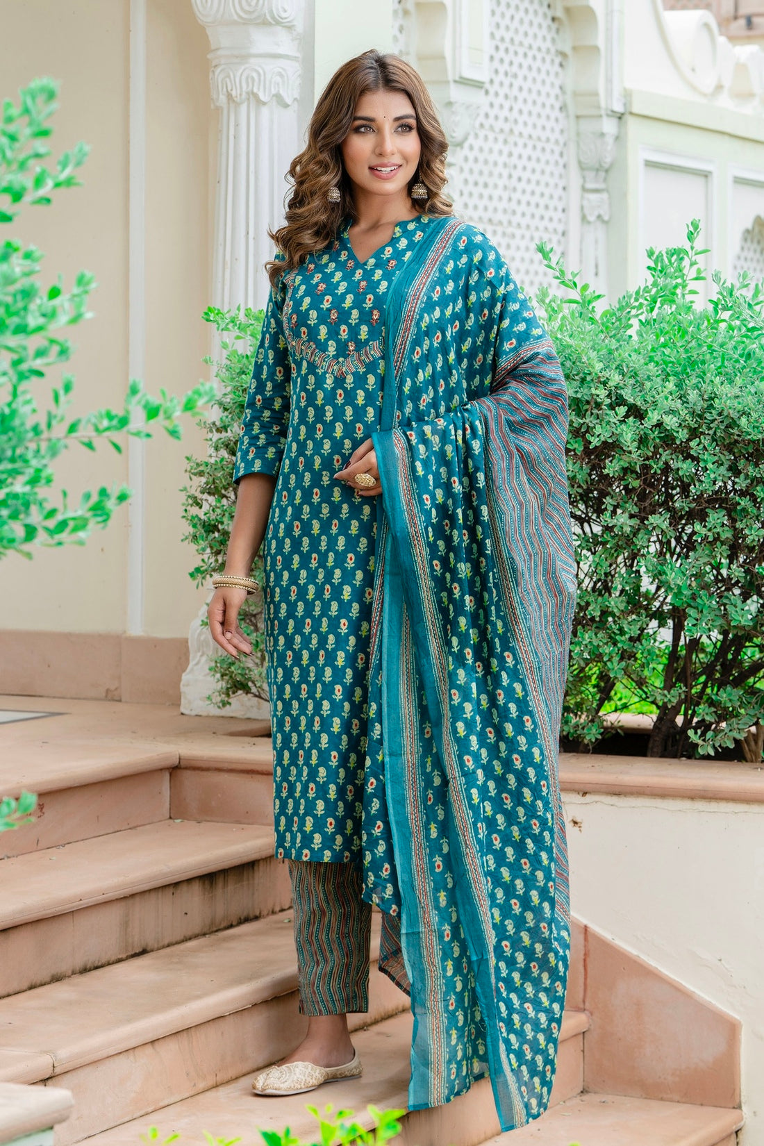 Urvi - Teal Motif Printed Cotton Kurta Set with Dupatta