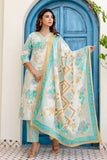 Green Abstract Print Cotton Kurta Set with Trousers and Dupatta